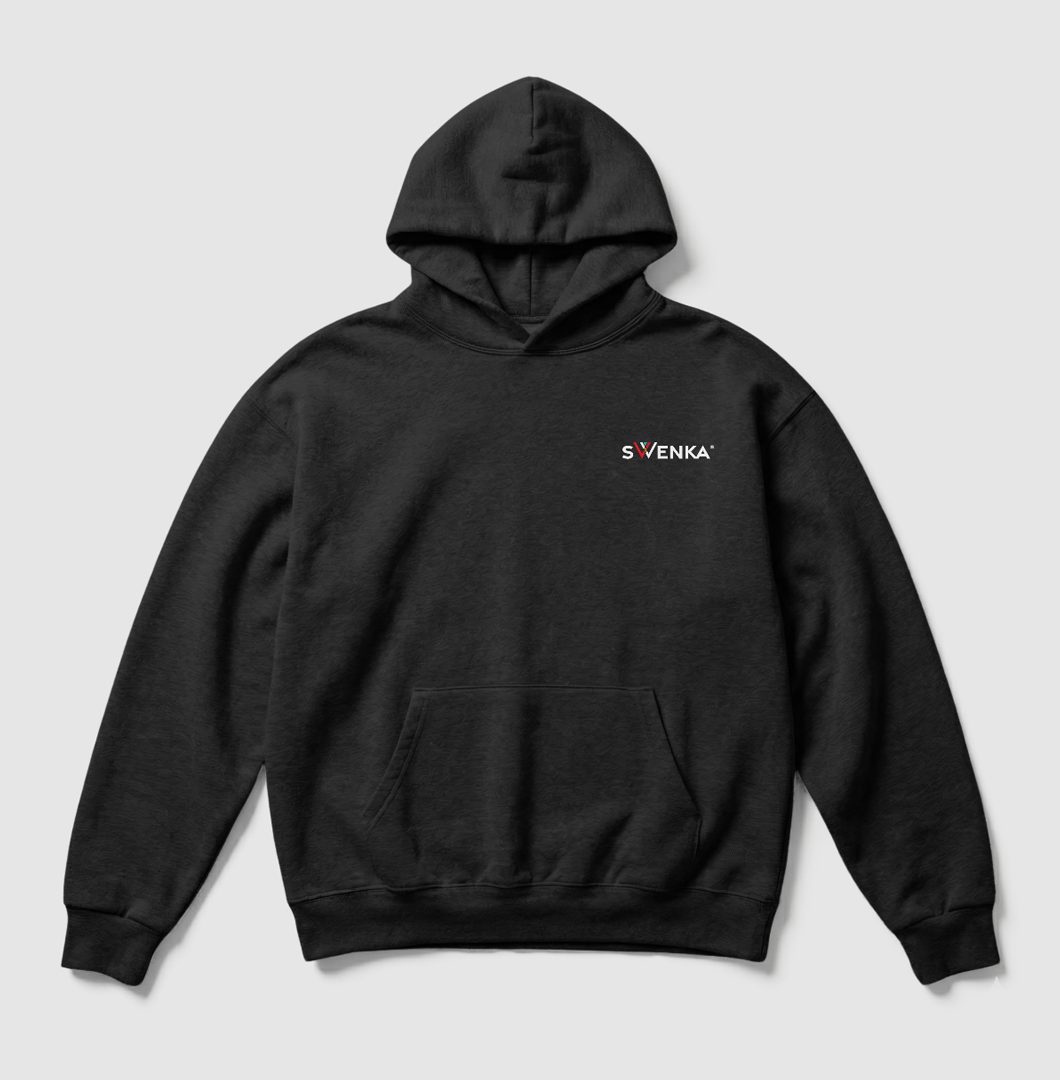 Swenka black hoodie with a logo on the chest, front view.